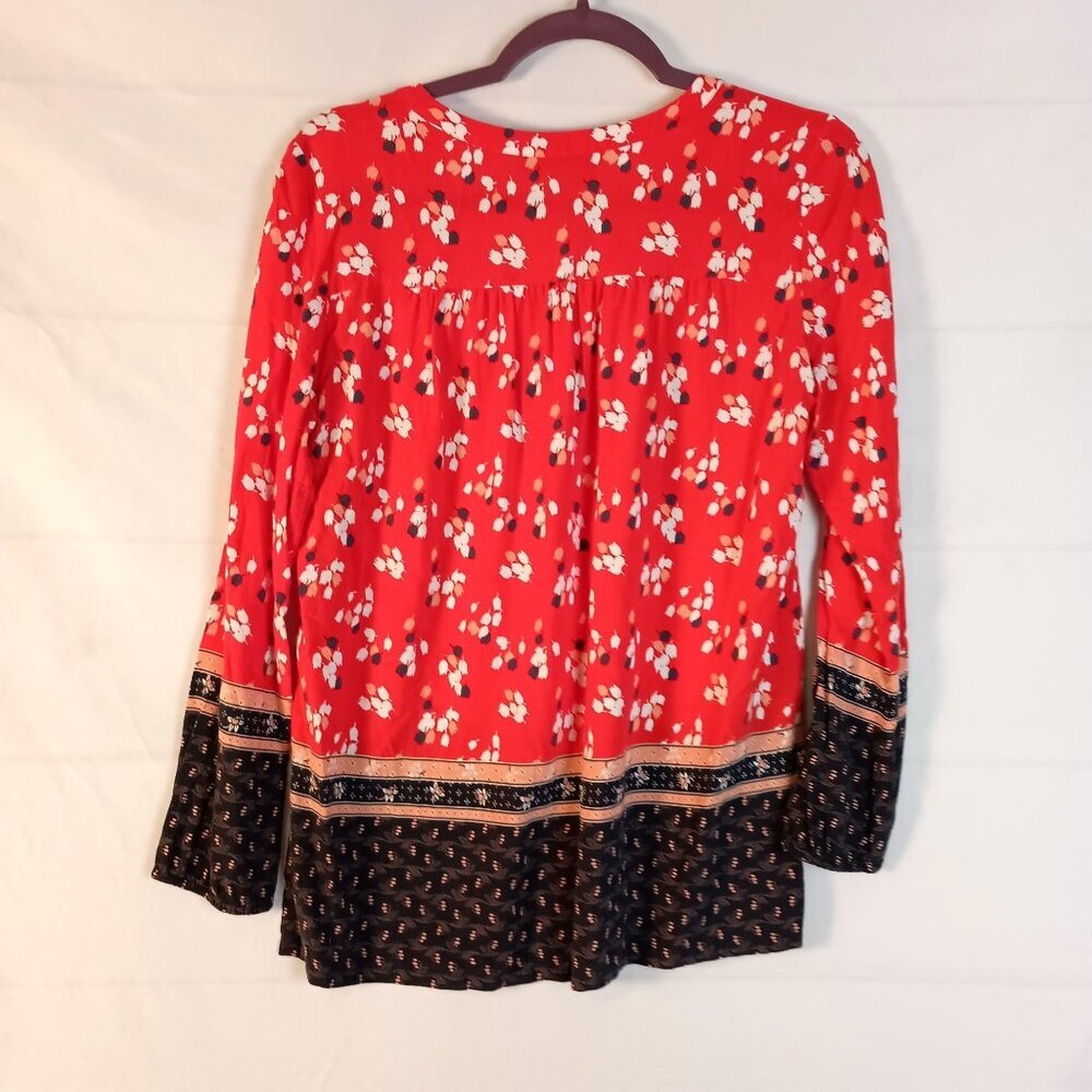 Ann Taylor Loft Floral Border Henley Blouse Red Blue Size S Top - Picture 4 of 7